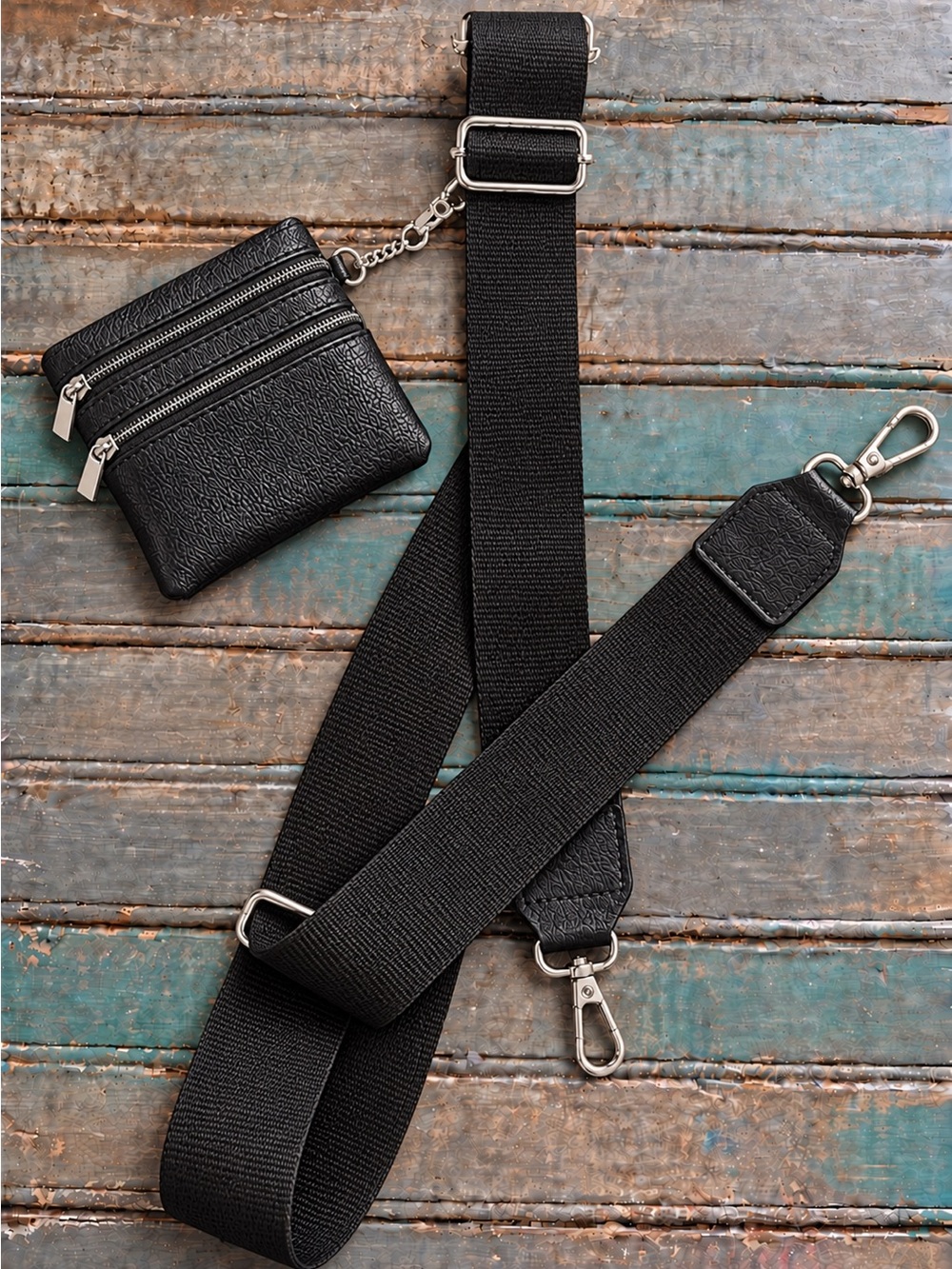 Black Phone Crossbody Strap with Detachable Mini Wallet